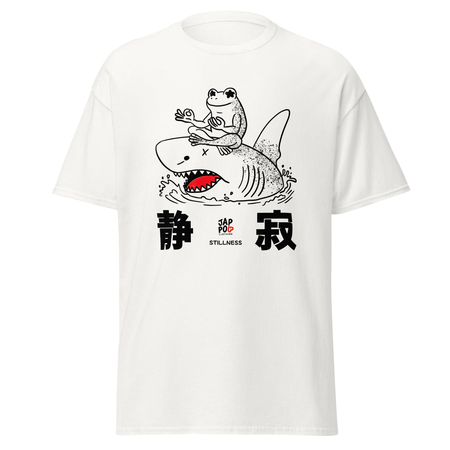 Unisex t-shirt featuring a frog meditating calmly on a shark in a symbolic illustration.
