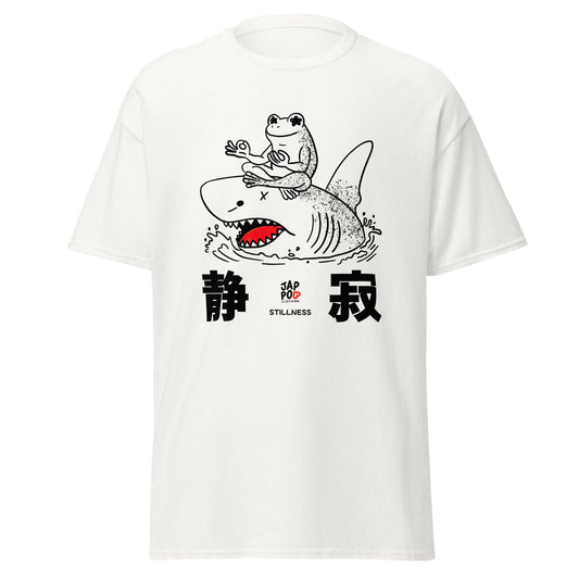 Unisex t-shirt featuring a frog meditating calmly on a shark in a symbolic illustration.