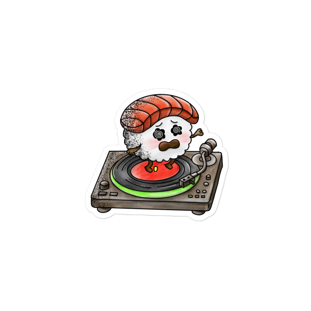 Playful JapPop sticker featuring a conveyor belt sushi illustration inspired by Japanese kaiten-zushi culture, with colorful plates and character-driven design.