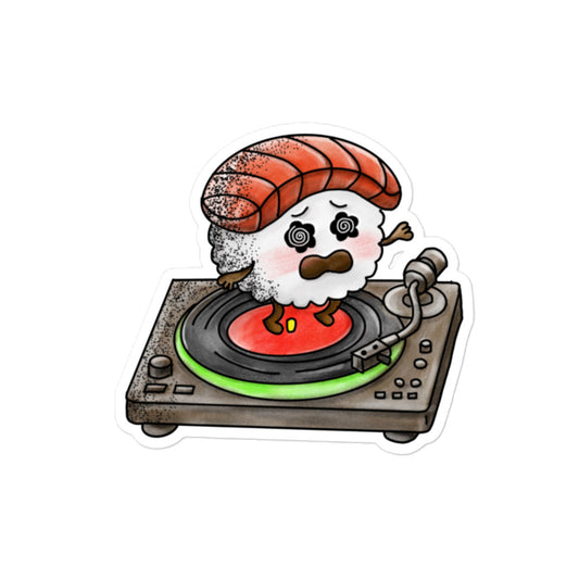 Playful JapPop sticker featuring a conveyor belt sushi illustration inspired by Japanese kaiten-zushi culture, with colorful plates and character-driven design.