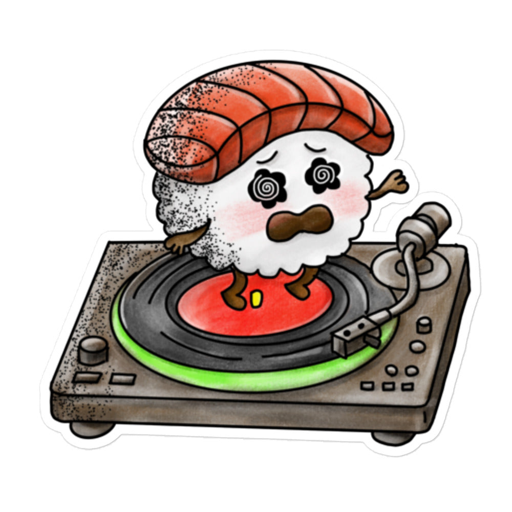Playful JapPop sticker featuring a conveyor belt sushi illustration inspired by Japanese kaiten-zushi culture, with colorful plates and character-driven design.