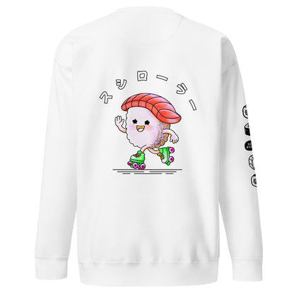 Sweatshirt featuring a playful JapPop illustration of a piece of sushi riding on roller skates, inspired by Japanese food culture and quirky humor