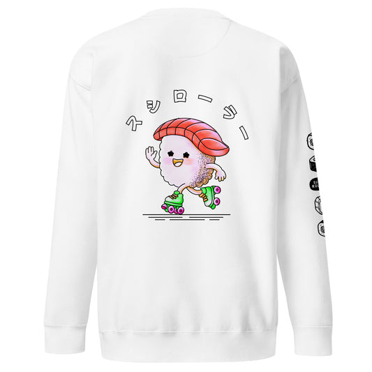 Sweatshirt featuring a playful JapPop illustration of a piece of sushi riding on roller skates, inspired by Japanese food culture and quirky humor