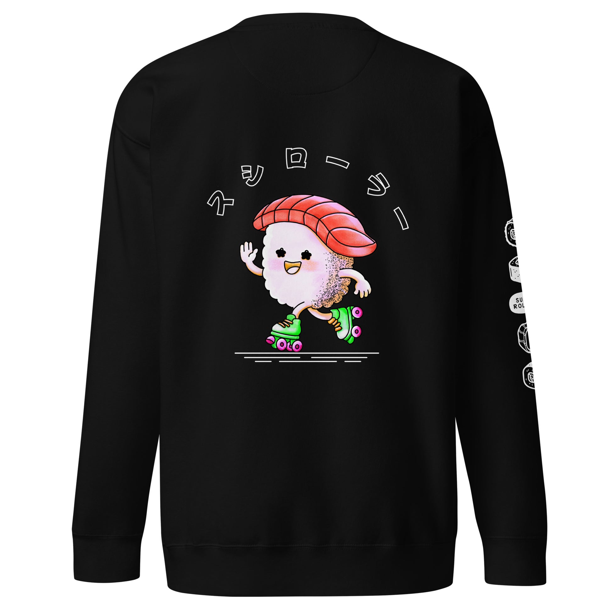 Sweatshirt featuring a playful JapPop illustration of a piece of sushi riding on roller skates, inspired by Japanese food culture and quirky humor