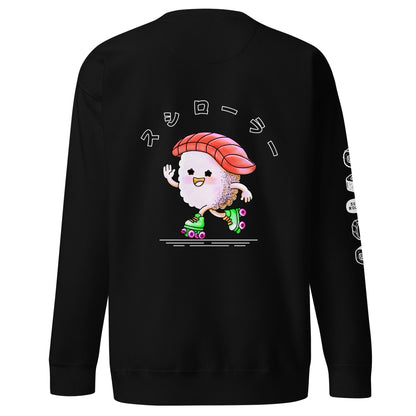 Sweatshirt featuring a playful JapPop illustration of a piece of sushi riding on roller skates, inspired by Japanese food culture and quirky humor