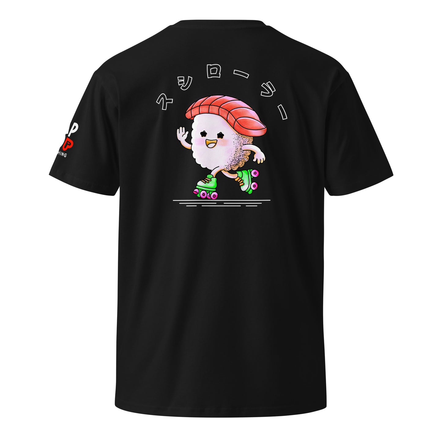 T-shirt featuring a playful JapPop illustration of a piece of sushi riding on roller skates, inspired by Japanese food culture and quirky humor