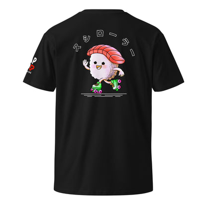 T-shirt featuring a playful JapPop illustration of a piece of sushi riding on roller skates, inspired by Japanese food culture and quirky humor