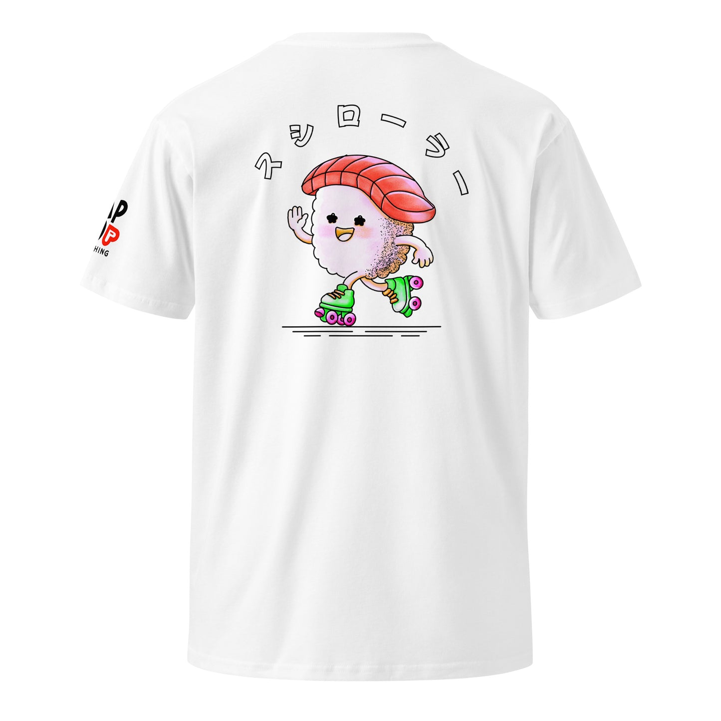 T-shirt featuring a playful JapPop illustration of a piece of sushi riding on roller skates, inspired by Japanese food culture and quirky humor