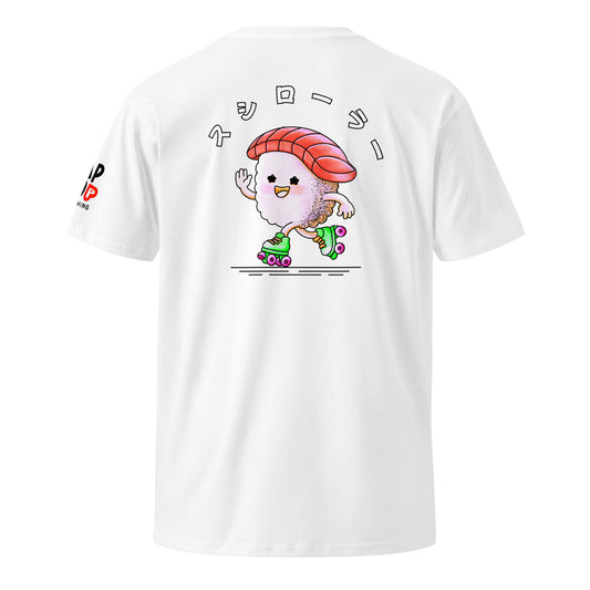 T-shirt featuring a playful JapPop illustration of a piece of sushi riding on roller skates, inspired by Japanese food culture and quirky humor