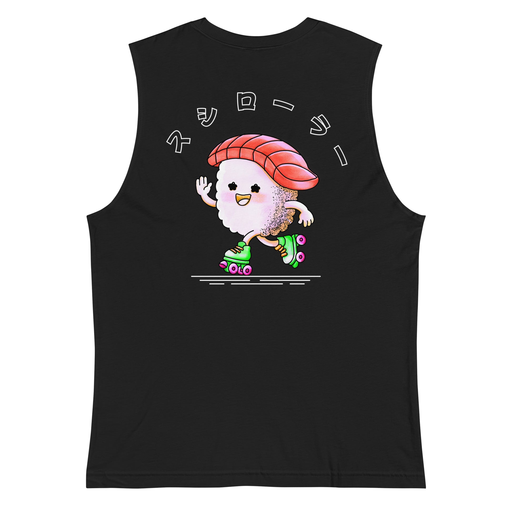 Tank top featuring a playful JapPop illustration of a piece of sushi riding on roller skates, inspired by Japanese food culture and quirky humor