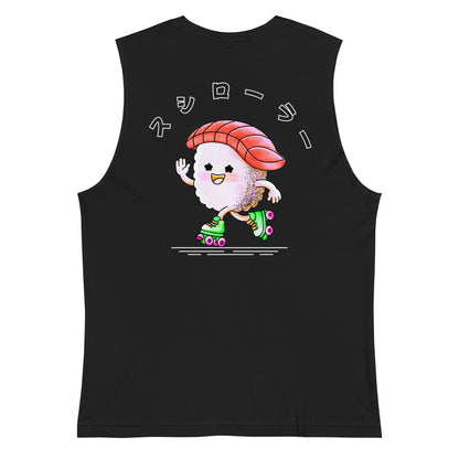 Tank top featuring a playful JapPop illustration of a piece of sushi riding on roller skates, inspired by Japanese food culture and quirky humor
