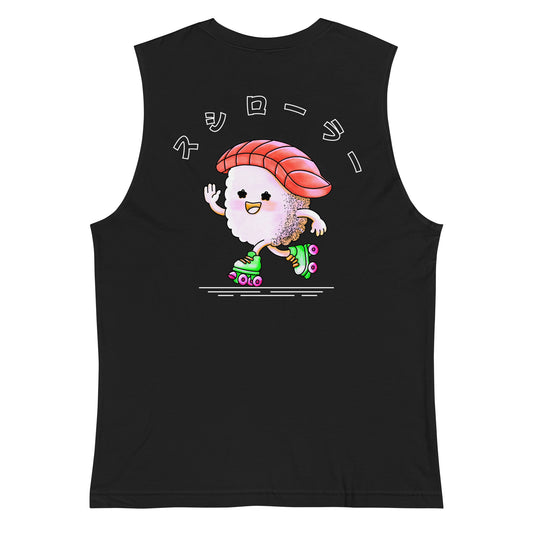 Tank top featuring a playful JapPop illustration of a piece of sushi riding on roller skates, inspired by Japanese food culture and quirky humor