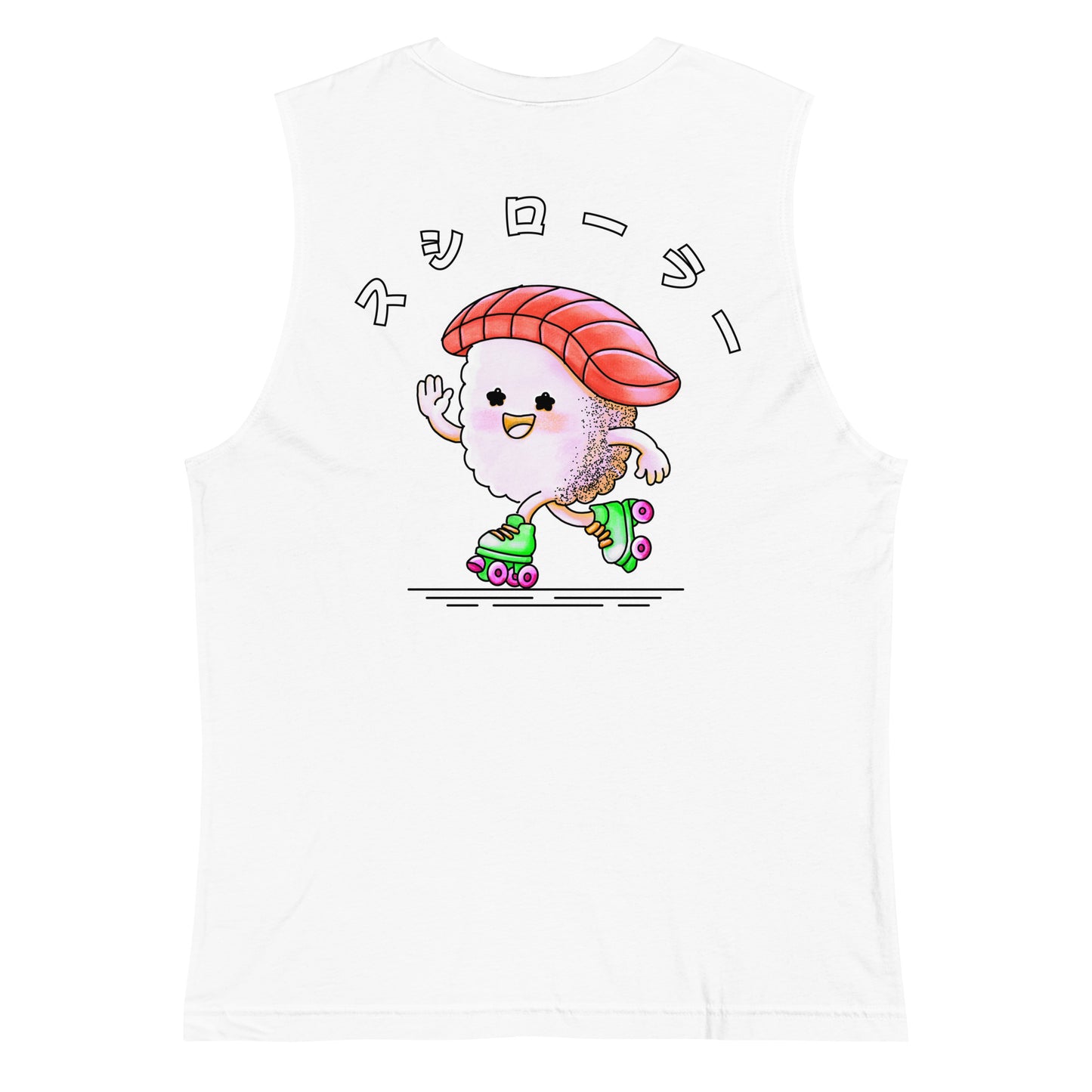 Tank top featuring a playful JapPop illustration of a piece of sushi riding on roller skates, inspired by Japanese food culture and quirky humor