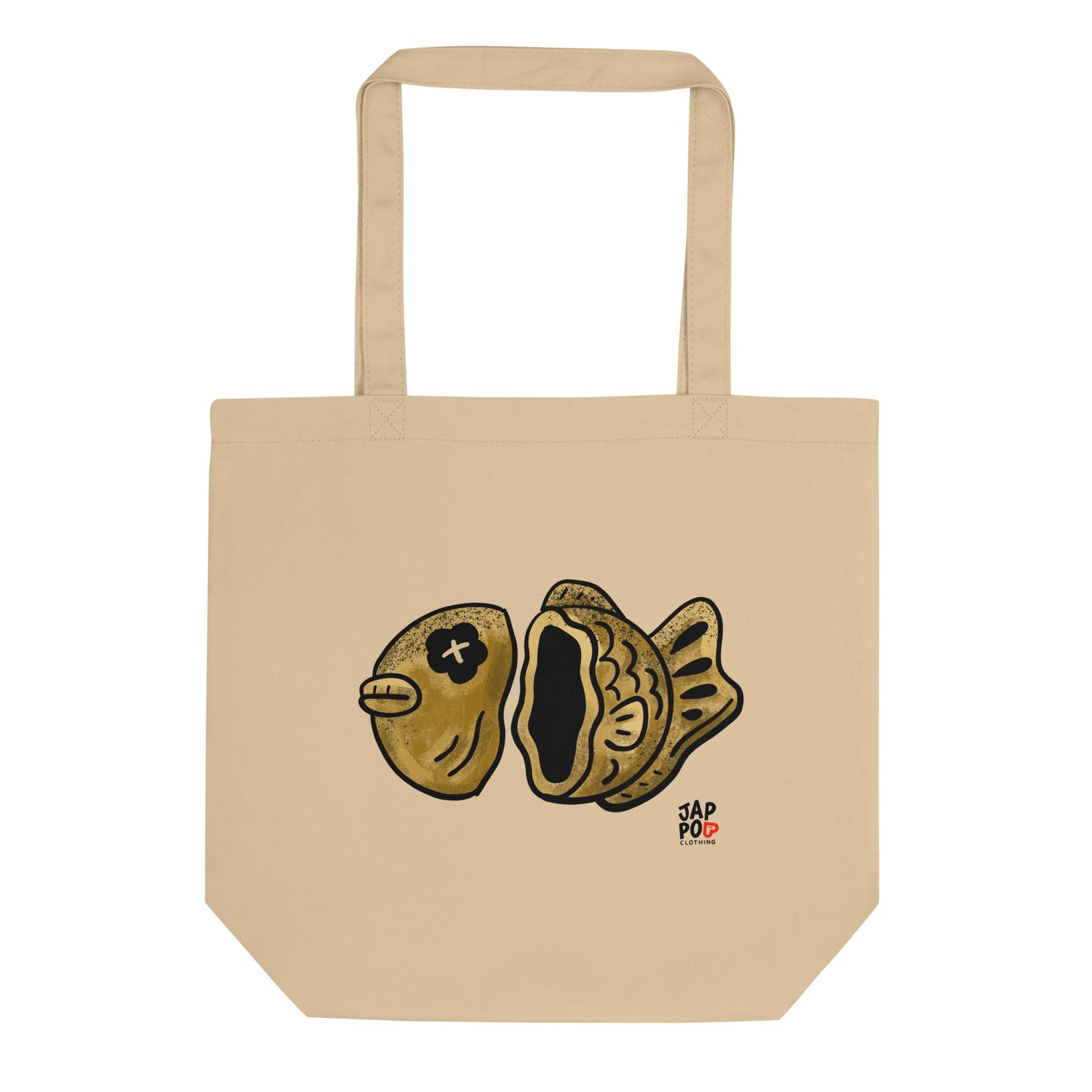 Eco tote bag featuring a cute taiyaki fish-shaped snack illustration.
