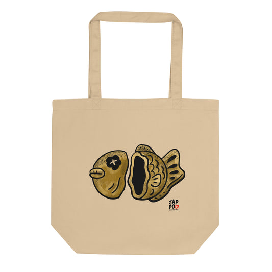 Eco tote bag featuring a cute taiyaki fish-shaped snack illustration.