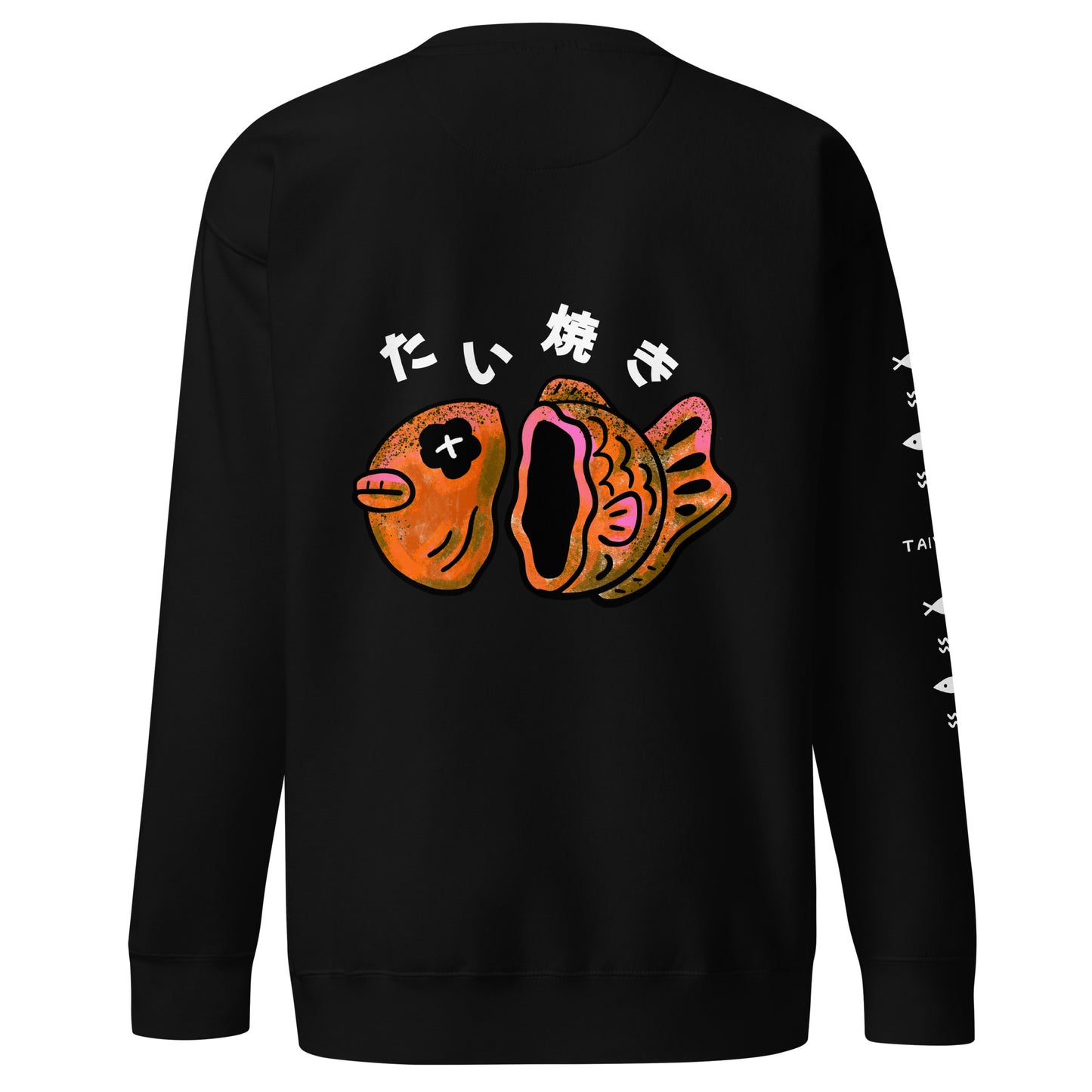 Graphic sweatshirt featuring a cute JapPop taiyaki illustration inspired by the Japanese fish-shaped street snack pastry, drawn in a playful kawaii style.