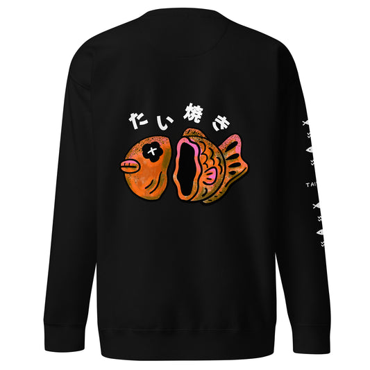 Graphic sweatshirt featuring a cute JapPop taiyaki illustration inspired by the Japanese fish-shaped street snack pastry, drawn in a playful kawaii style.