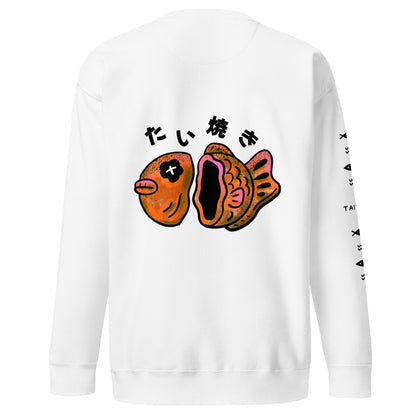 Graphic sweatshirt featuring a cute JapPop taiyaki illustration inspired by the Japanese fish-shaped street snack pastry, drawn in a playful kawaii style.