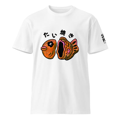 Graphic T-shirt featuring a cute JapPop taiyaki illustration, inspired by the Japanese fish-shaped street snack pastry, drawn in a playful kawaii style.