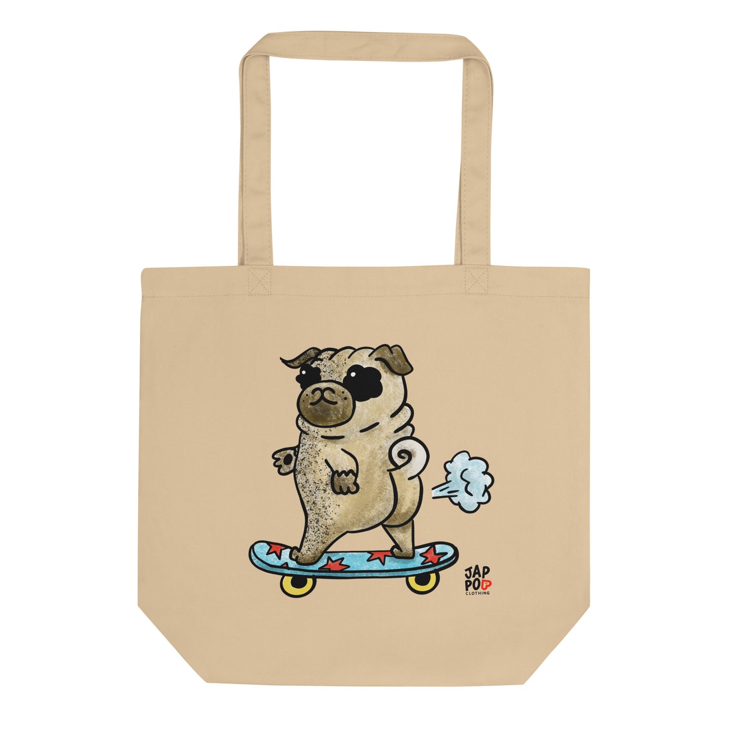 Eco tote bag featuring a playful dog skateboarding with cheerful energy.