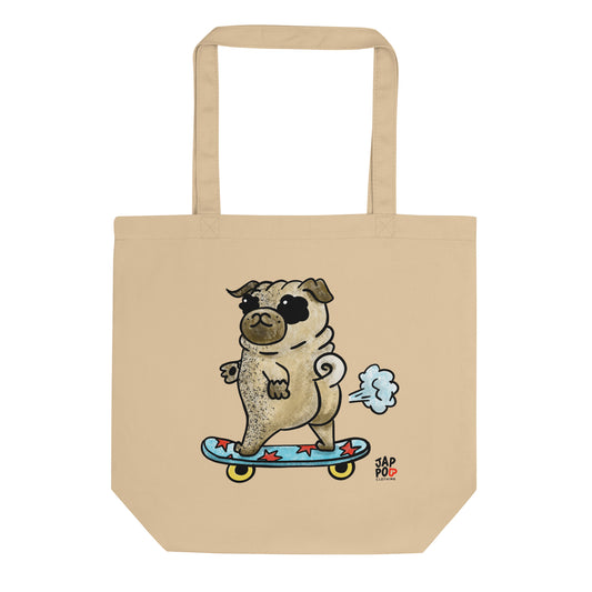 Eco tote bag featuring a playful dog skateboarding with cheerful energy.