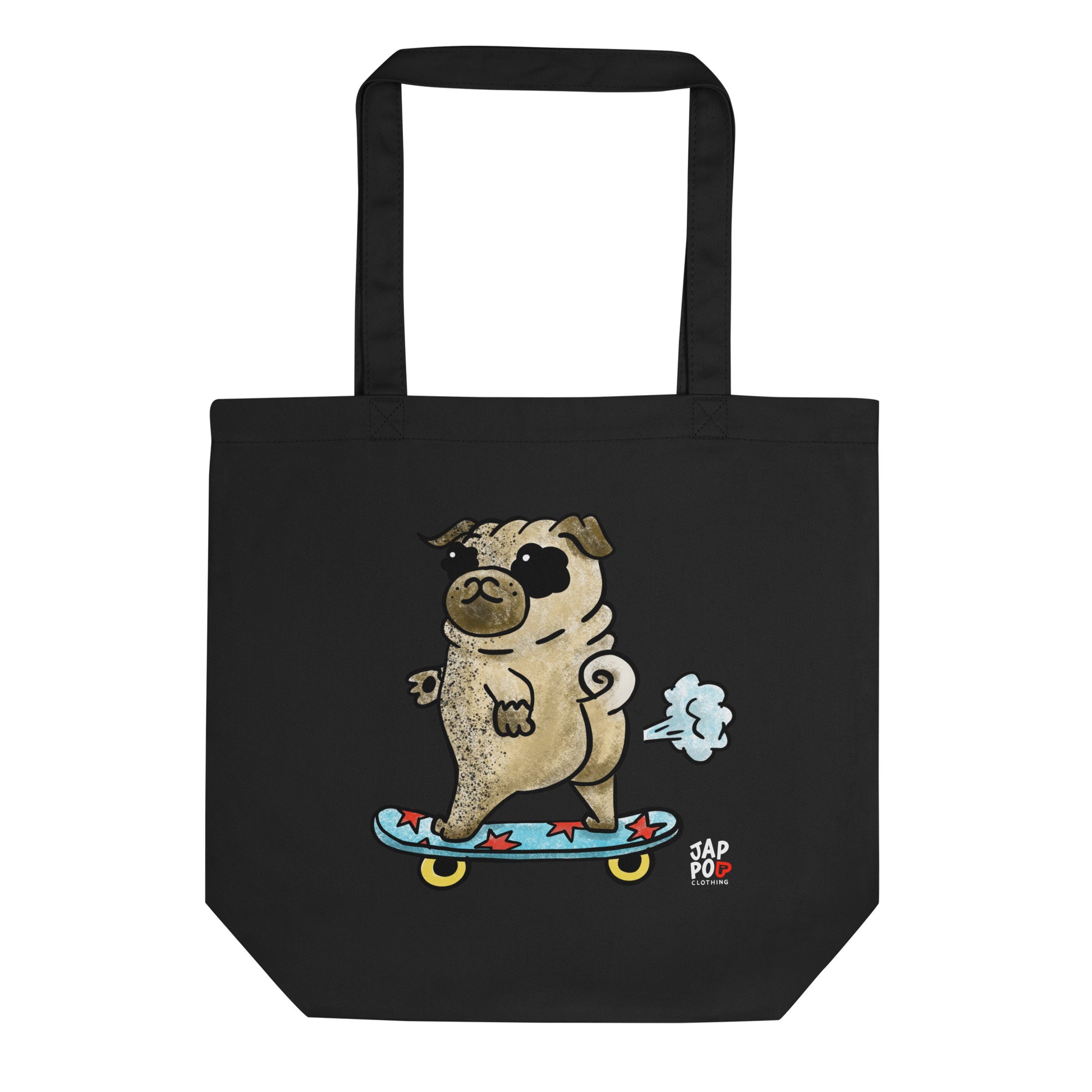 Eco tote bag featuring a playful dog skateboarding with cheerful energy.