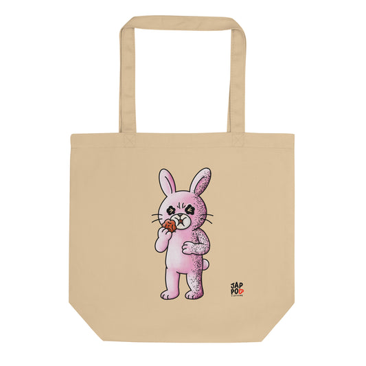 Eco tote bag featuring a cute rabbit reacting to the sour taste of umeboshi.