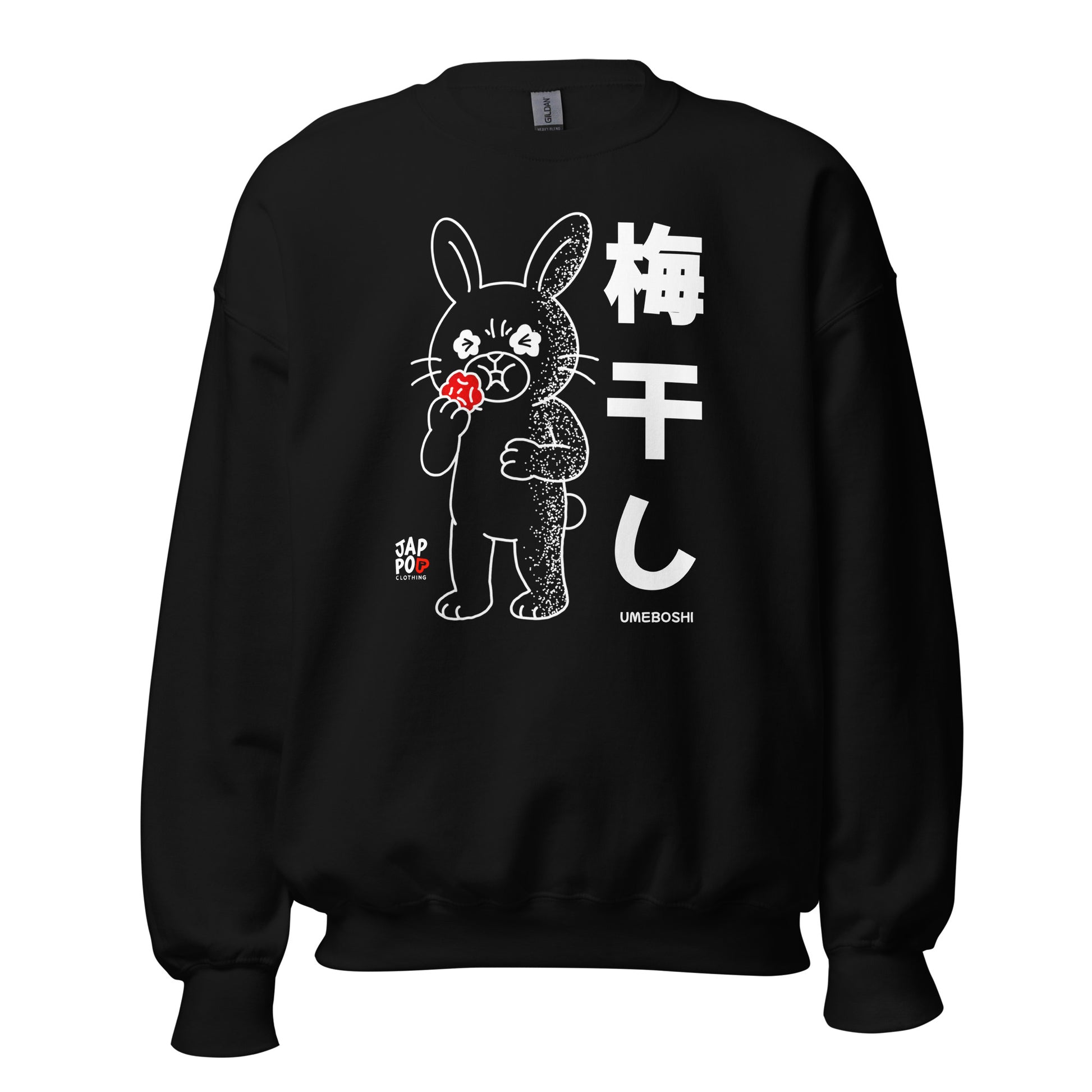 Unisex sweatshirt featuring a cute rabbit eating umeboshi and reacting to the sour taste.