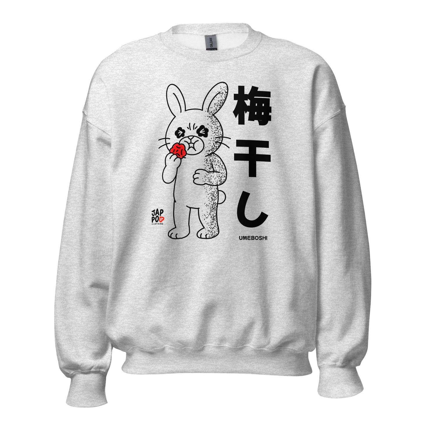 Unisex sweatshirt featuring a cute rabbit eating umeboshi and reacting to the sour taste.
