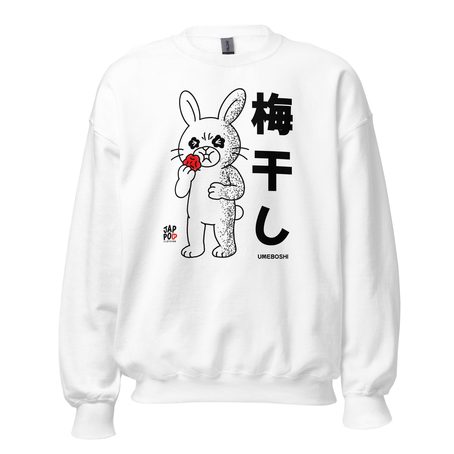 Unisex sweatshirt featuring a cute rabbit eating umeboshi and reacting to the sour taste.
