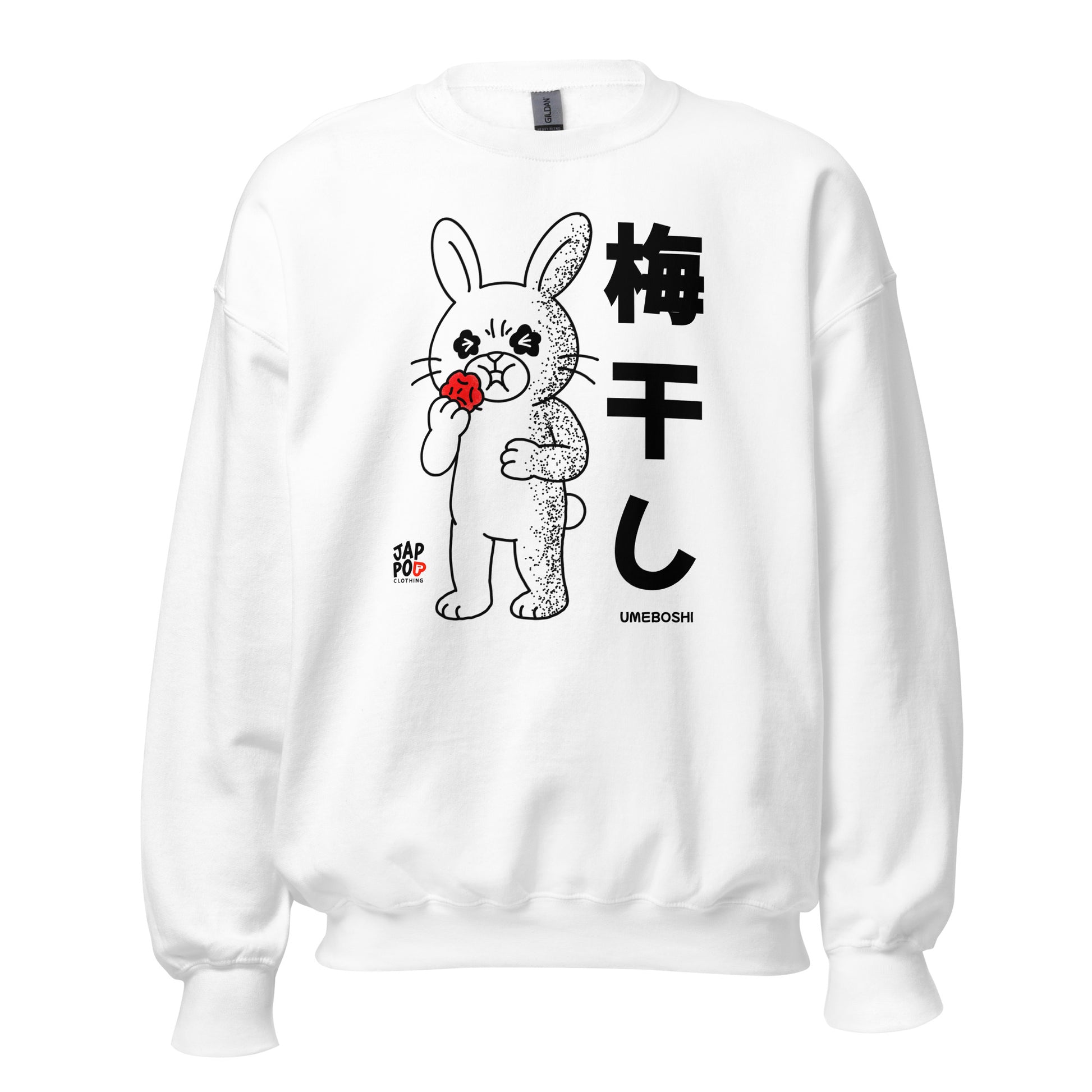 Unisex sweatshirt featuring a cute rabbit eating umeboshi and reacting to the sour taste.