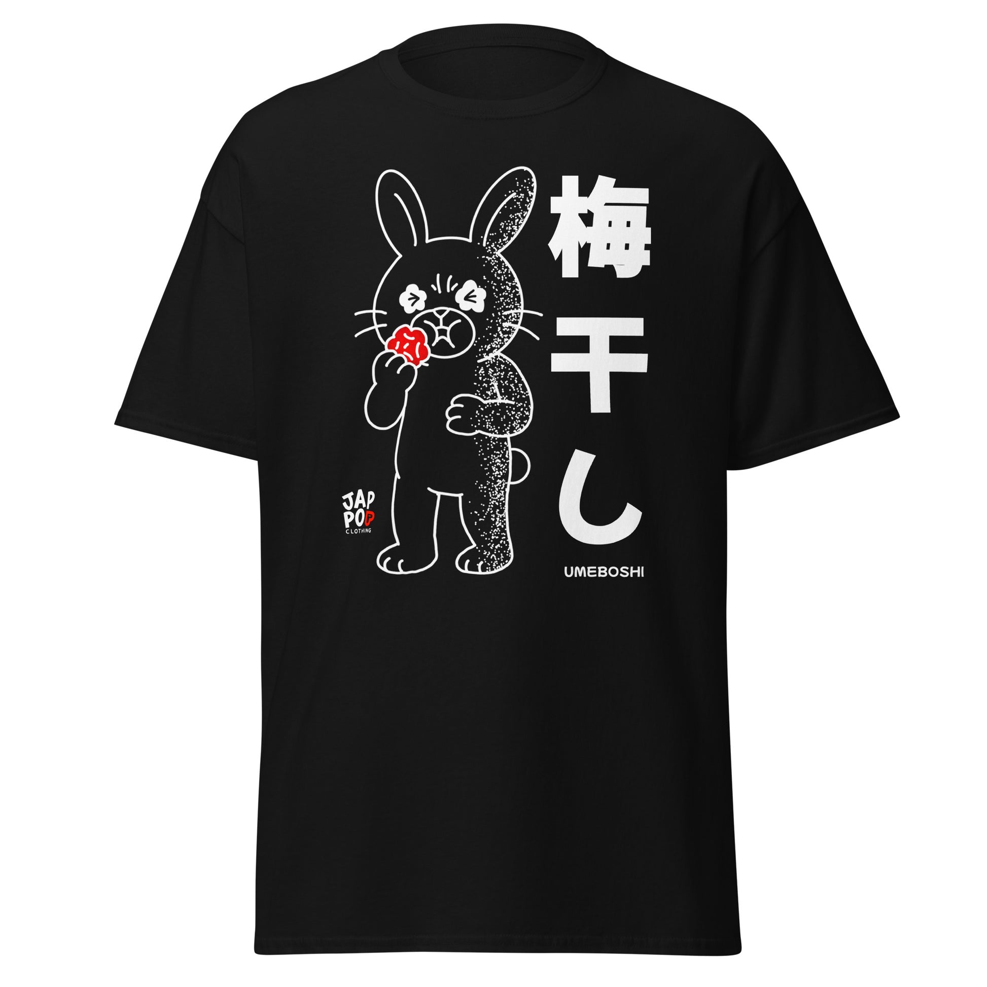 Unisex t-shirt featuring a cute rabbit making a sour face after eating umeboshi.