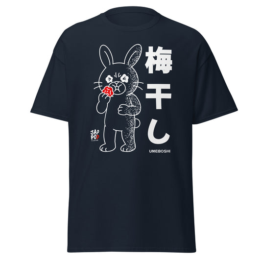 Unisex t-shirt featuring a cute rabbit making a sour face after eating umeboshi.