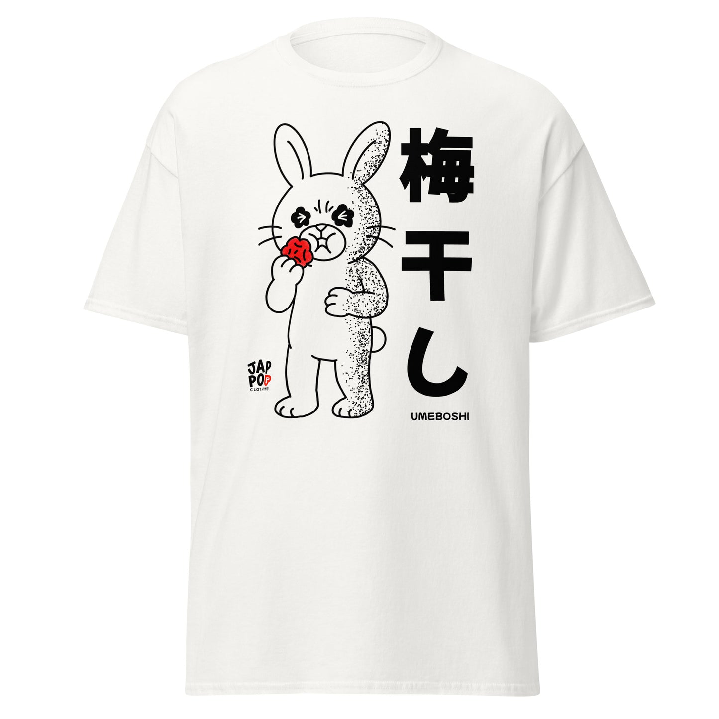 Unisex t-shirt featuring a cute rabbit making a sour face after eating umeboshi.