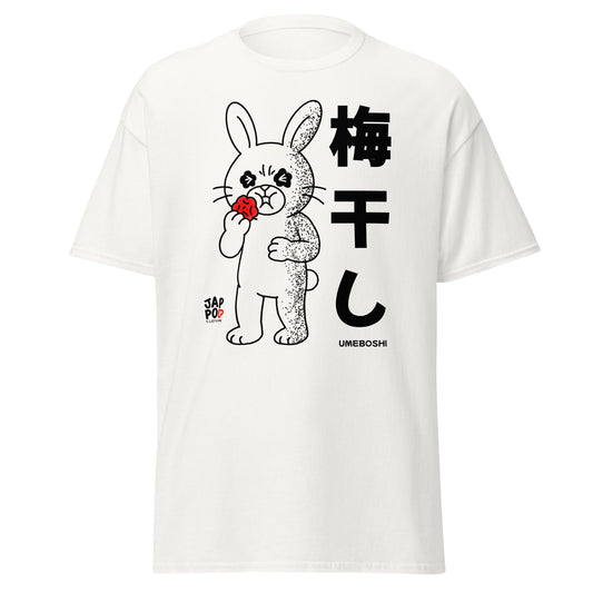 Unisex t-shirt featuring a cute rabbit making a sour face after eating umeboshi.