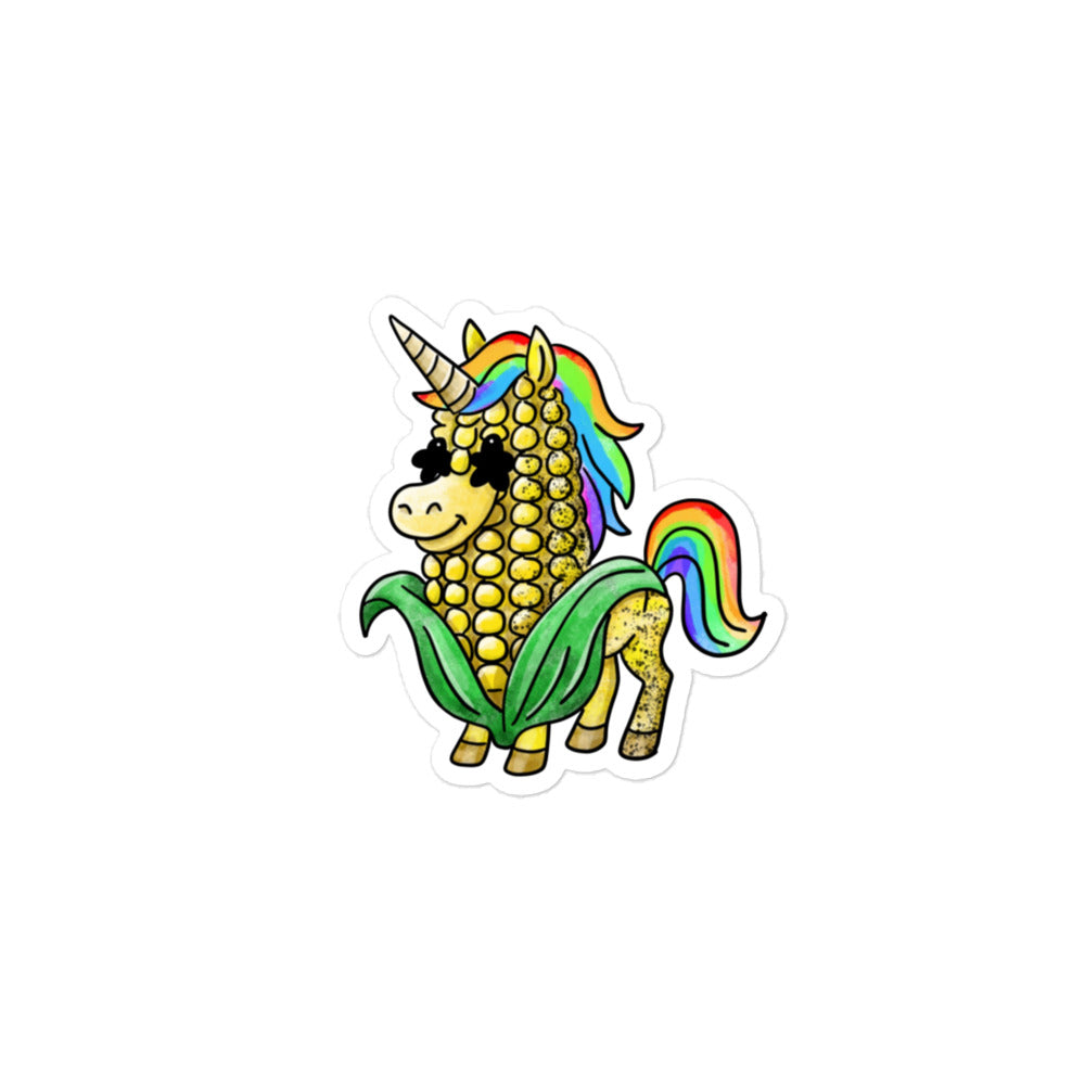 Unicorn corn sticker featuring a kawaii corn transformed into a rainbow unicorn inspired by Japanese wordplay and pop culture humor.