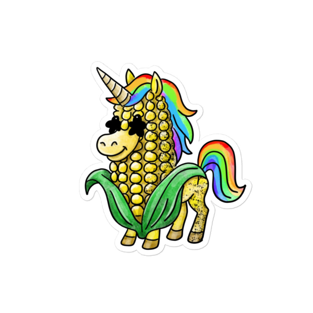 Unicorn corn sticker featuring a kawaii corn transformed into a rainbow unicorn inspired by Japanese wordplay and pop culture humor.