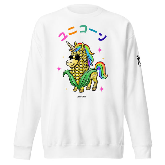 Unicorn corn JapPop sweatshirt with a playful illustration of corn turning into a rainbow unicorn based on Japanese wordplay.