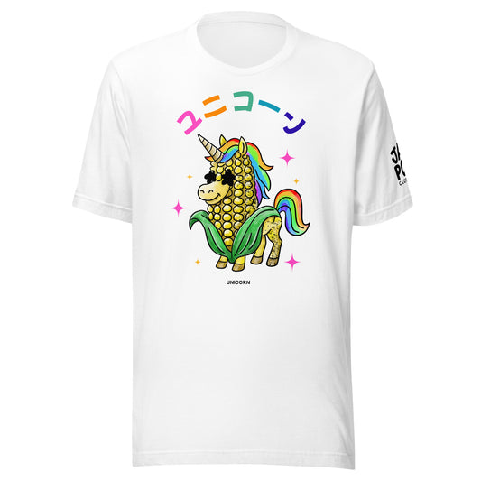 Unicorn corn wordplay graphic T-shirt featuring a corn transformed into a rainbow unicorn illustration inspired by Japanese language humor.
