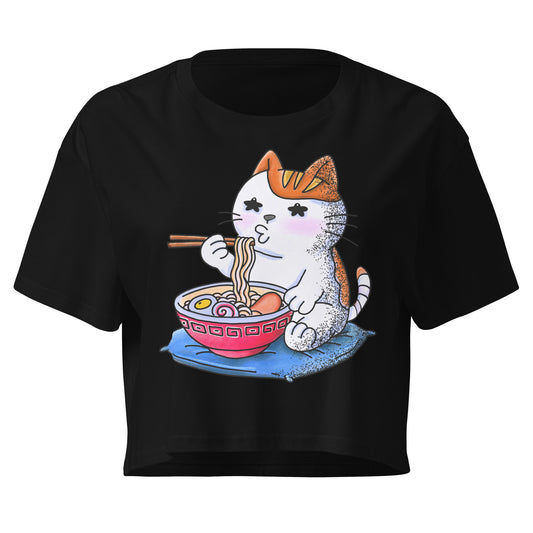 Japanese-inspired crop top featuring “Can’t Handle Hot Food” design based on nekojita (猫舌), with a playful illustration expressing sensitivity to hot food in a cute, minimalist style