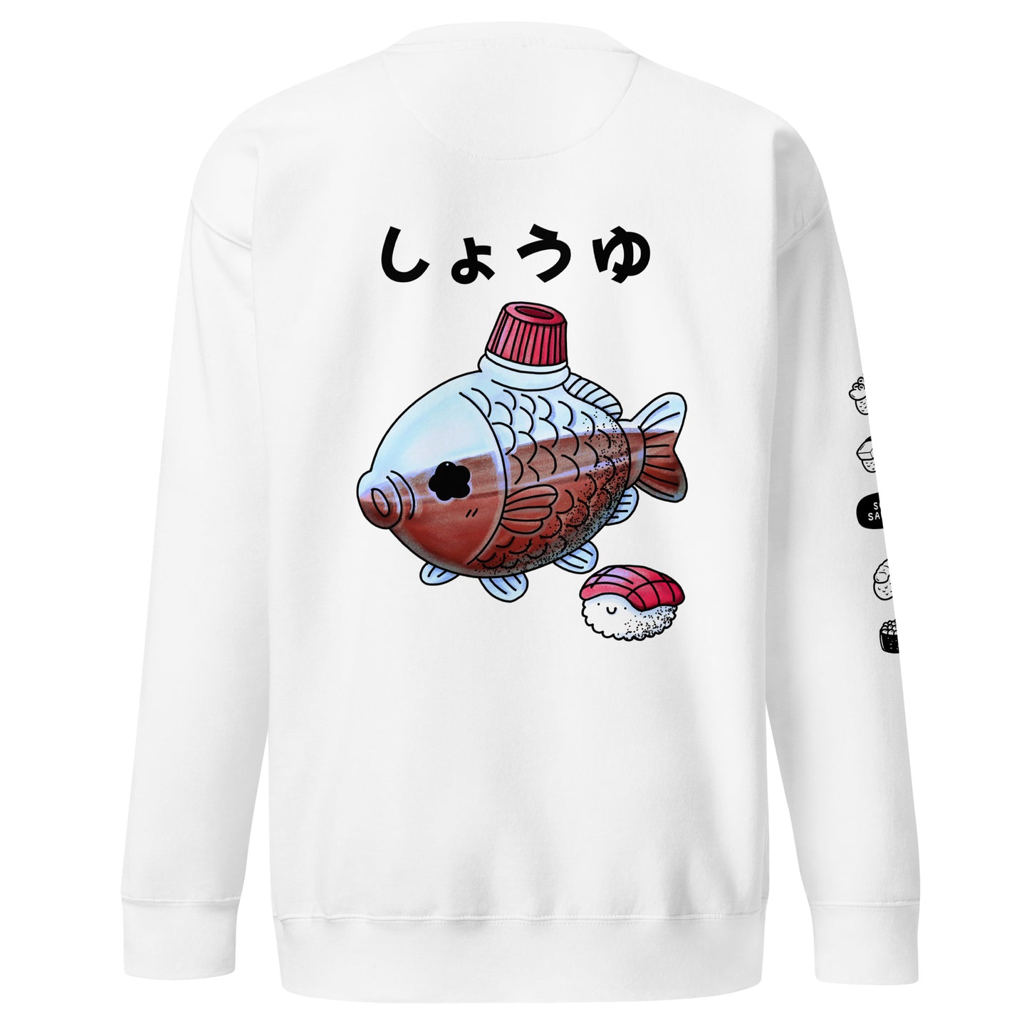Fish-shaped soy sauce sweatshirt featuring a cute Japanese bento soy sauce packet illustration in a playful JapPop style