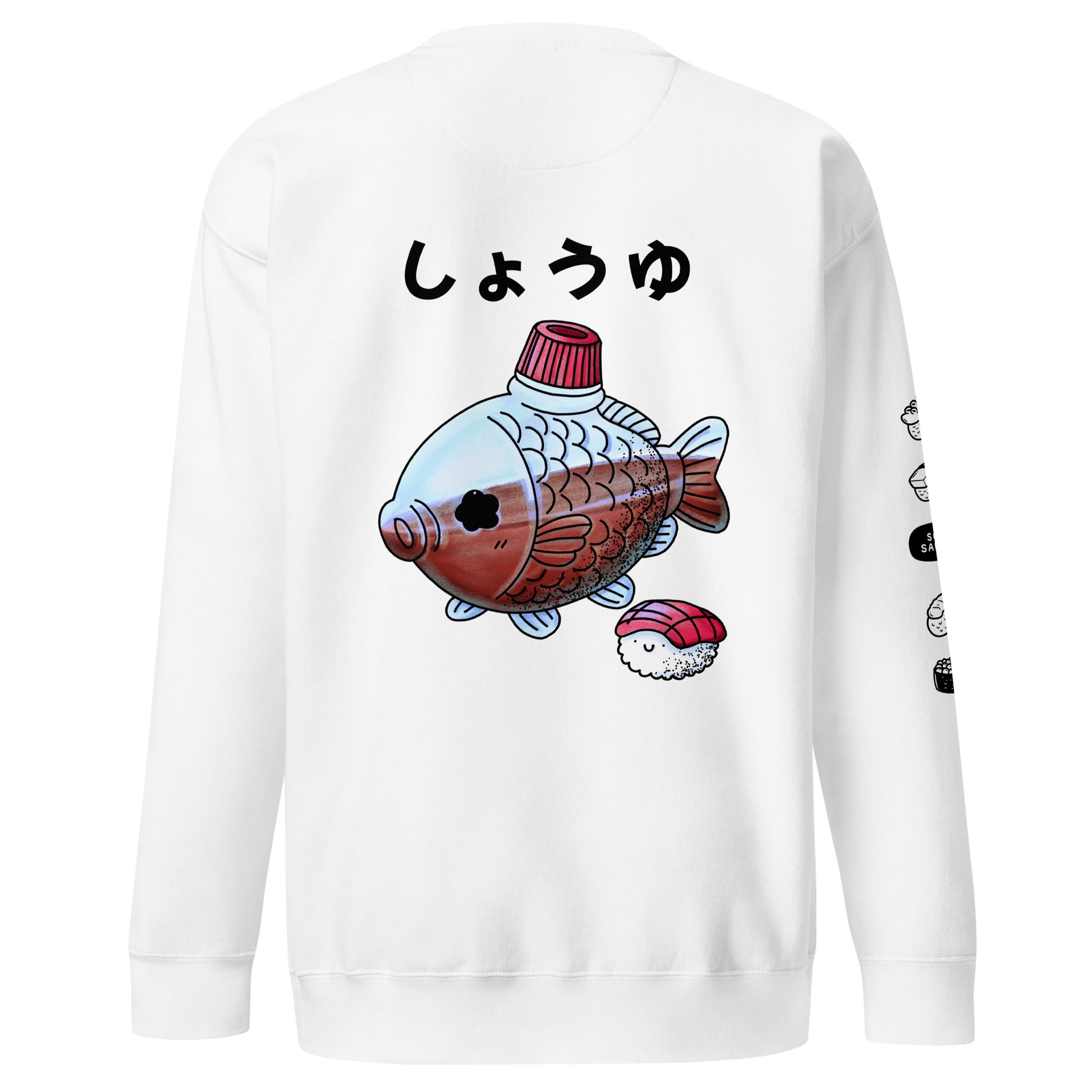 Fish-shaped soy sauce sweatshirt featuring a cute Japanese bento soy sauce packet illustration in a playful JapPop style