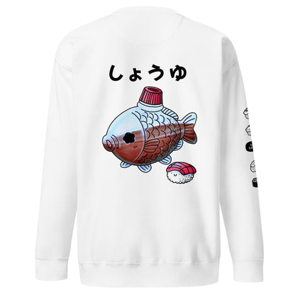 Fish-shaped soy sauce sweatshirt featuring a cute Japanese bento soy sauce packet illustration in a playful JapPop style