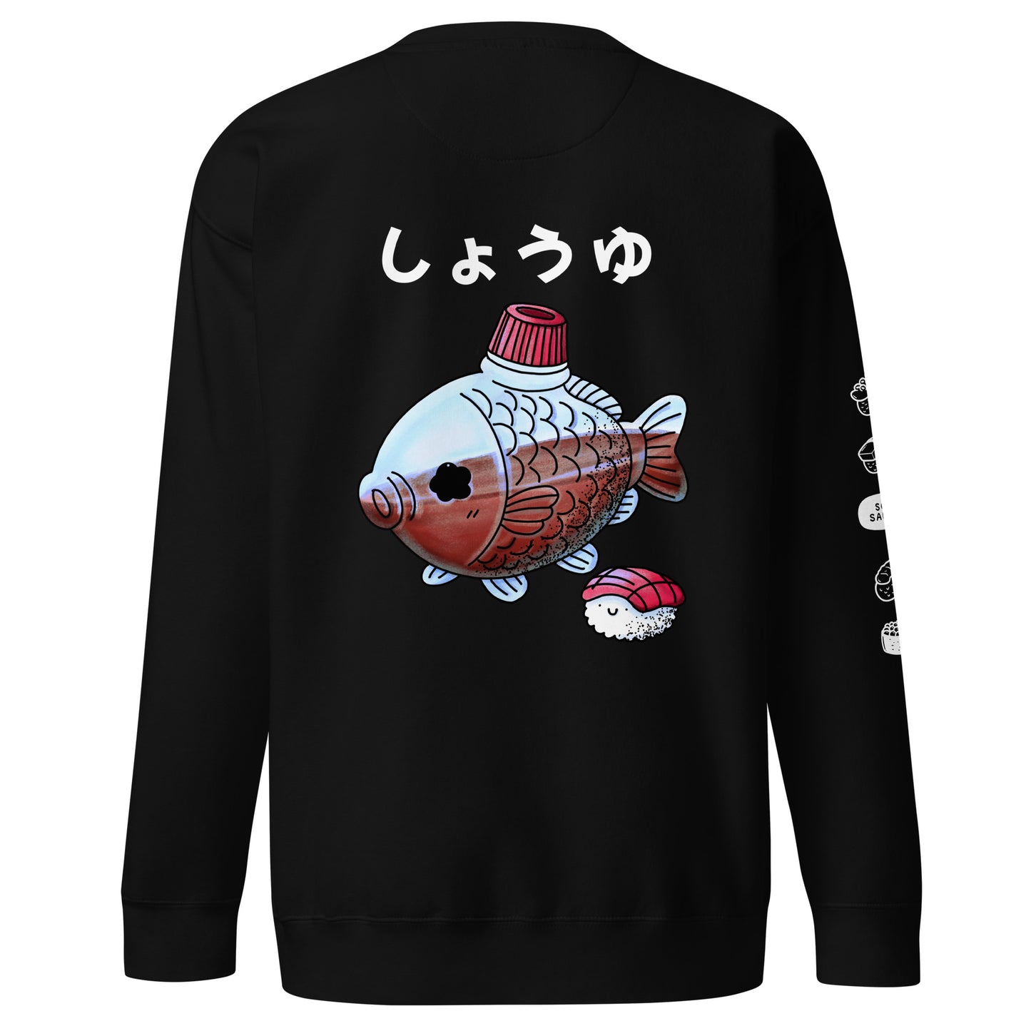 Fish-shaped soy sauce sweatshirt featuring a cute Japanese bento soy sauce packet illustration in a playful JapPop style