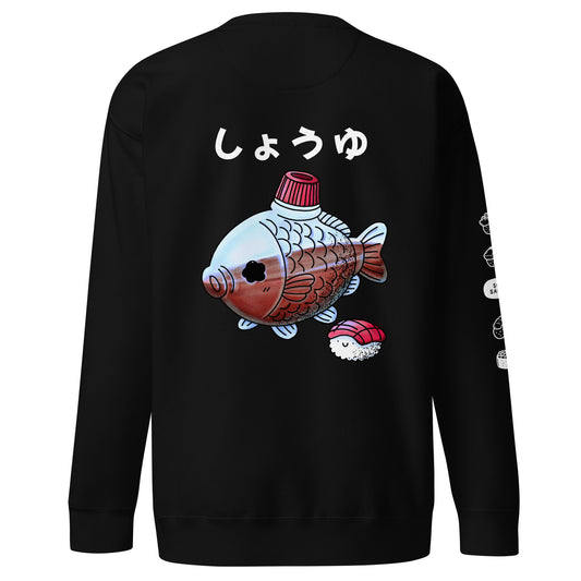 Fish-shaped soy sauce sweatshirt featuring a cute Japanese bento soy sauce packet illustration in a playful JapPop style