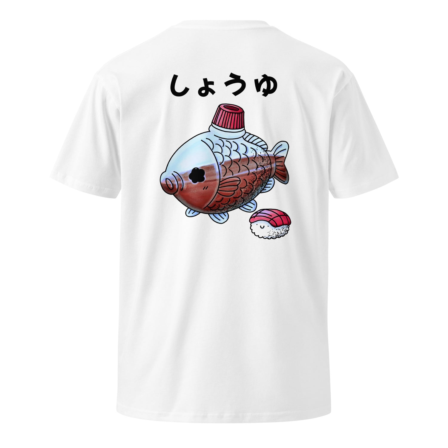 Fish-shaped soy sauce T-shirt featuring a cute Japanese bento soy sauce packet illustration in a playful JapPop style