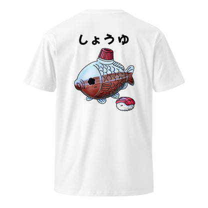 Fish-shaped soy sauce T-shirt featuring a cute Japanese bento soy sauce packet illustration in a playful JapPop style