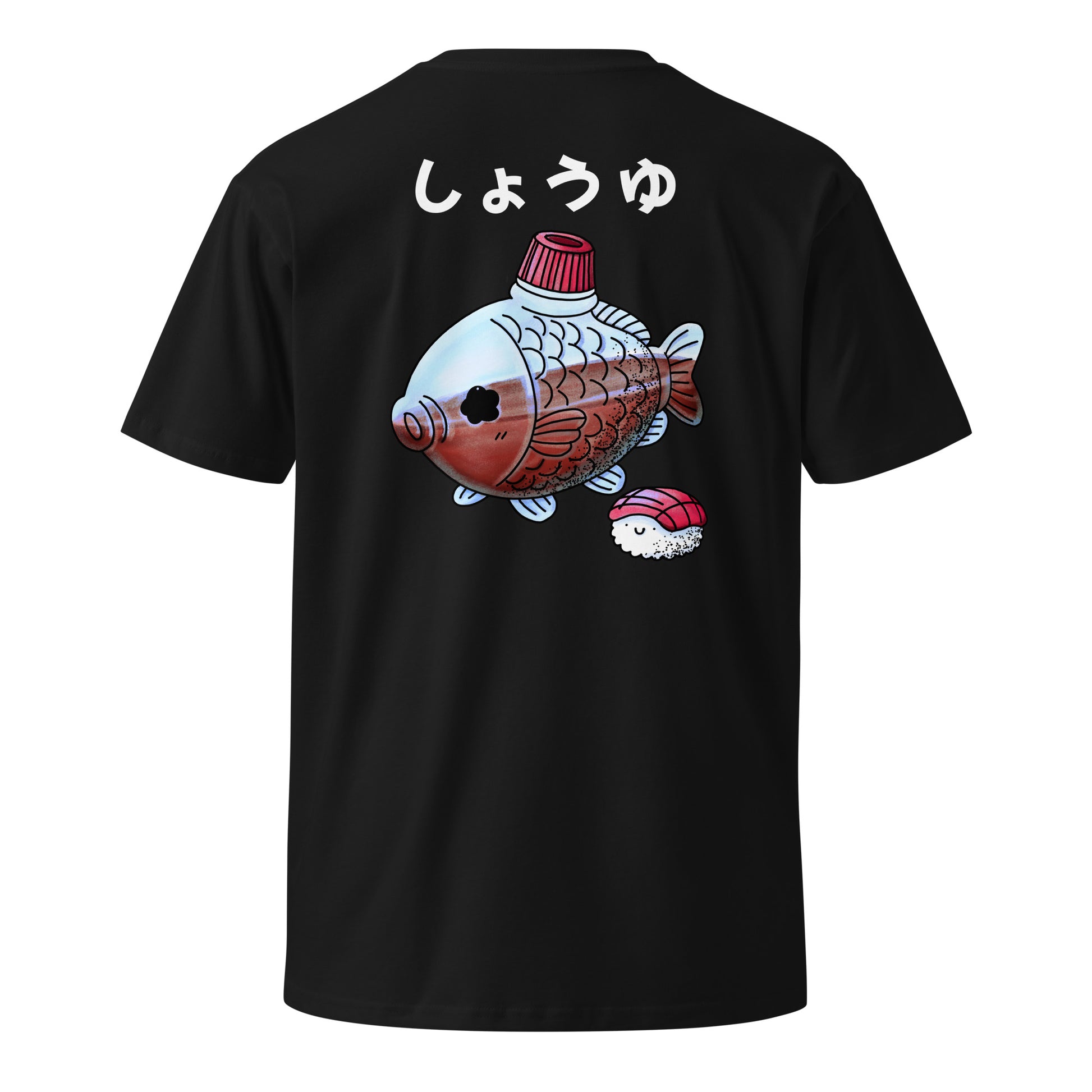 Fish-shaped soy sauce T-shirt featuring a cute Japanese bento soy sauce packet illustration in a playful JapPop style