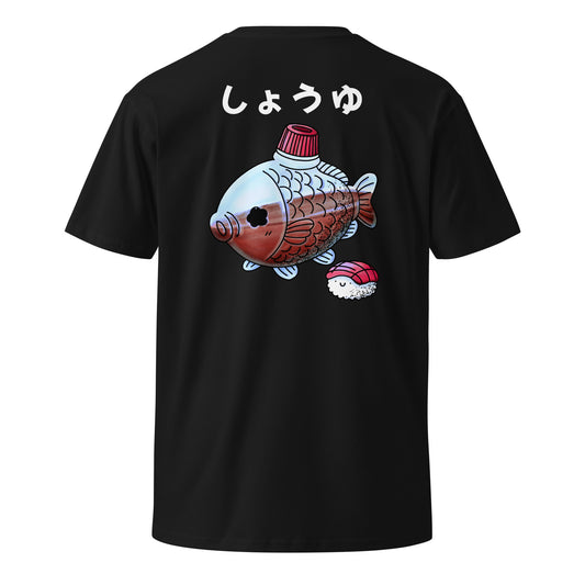 Fish-shaped soy sauce T-shirt featuring a cute Japanese bento soy sauce packet illustration in a playful JapPop style