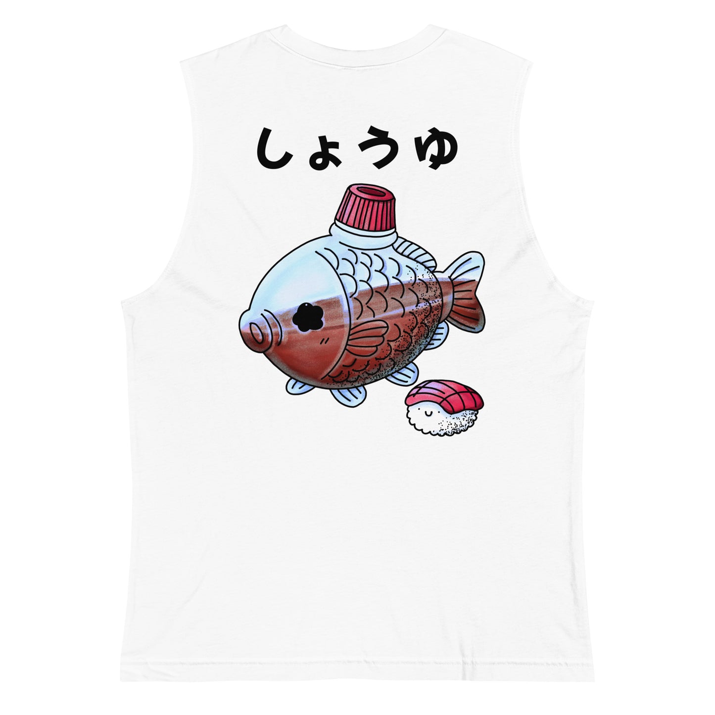 Fish-shaped soy sauce tank top featuring a cute Japanese bento soy sauce packet illustration in a playful JapPop style